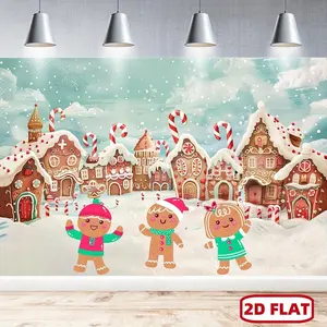 1pc 2D Flat Dienalls Merry Christmas Gingerbread Village Backdrop, ployester Holiday Banner, Festive Snow Scene with Gingerbread Men, Christmas Eve Photography Background, Party Decor, Mixed Colors, for Garden