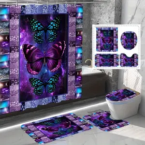 HOT 4-Piece Blue Purple Mysterious Butterfly Pattern Christmas Bathroom Set - Waterproof Curtains with Plastic Hooks  Non-Slip Bathroom Carpet  U-Shaped Mat  and Decorative Toilet Cover Pad - Complete Bathroom Accessories for a Festive Touch