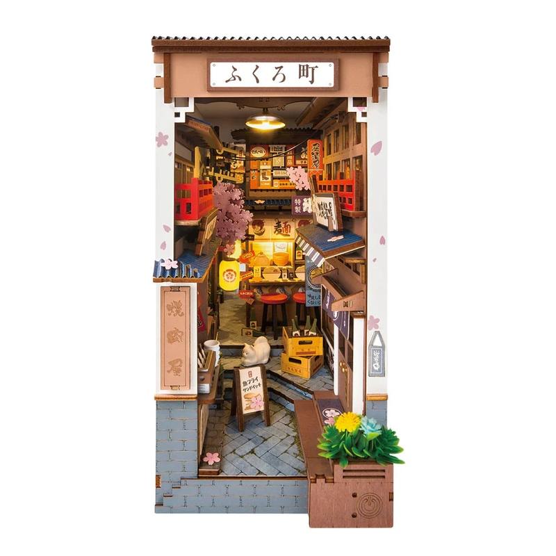 Robotime ROETGB11 Japanese Sakura Wine Alley DIY Book Nook Shelf Insert Wooden Model Kit - Laser Cut, LED Lights, Small Animal Enrichment DIY Craft Toy