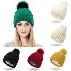 Fashionable Womens Winter Beanie Hat Satin Lined Faux Fur Pom Pom Silk Beanies Hat for Women Cute Warm Knit Hats Skull Cap
