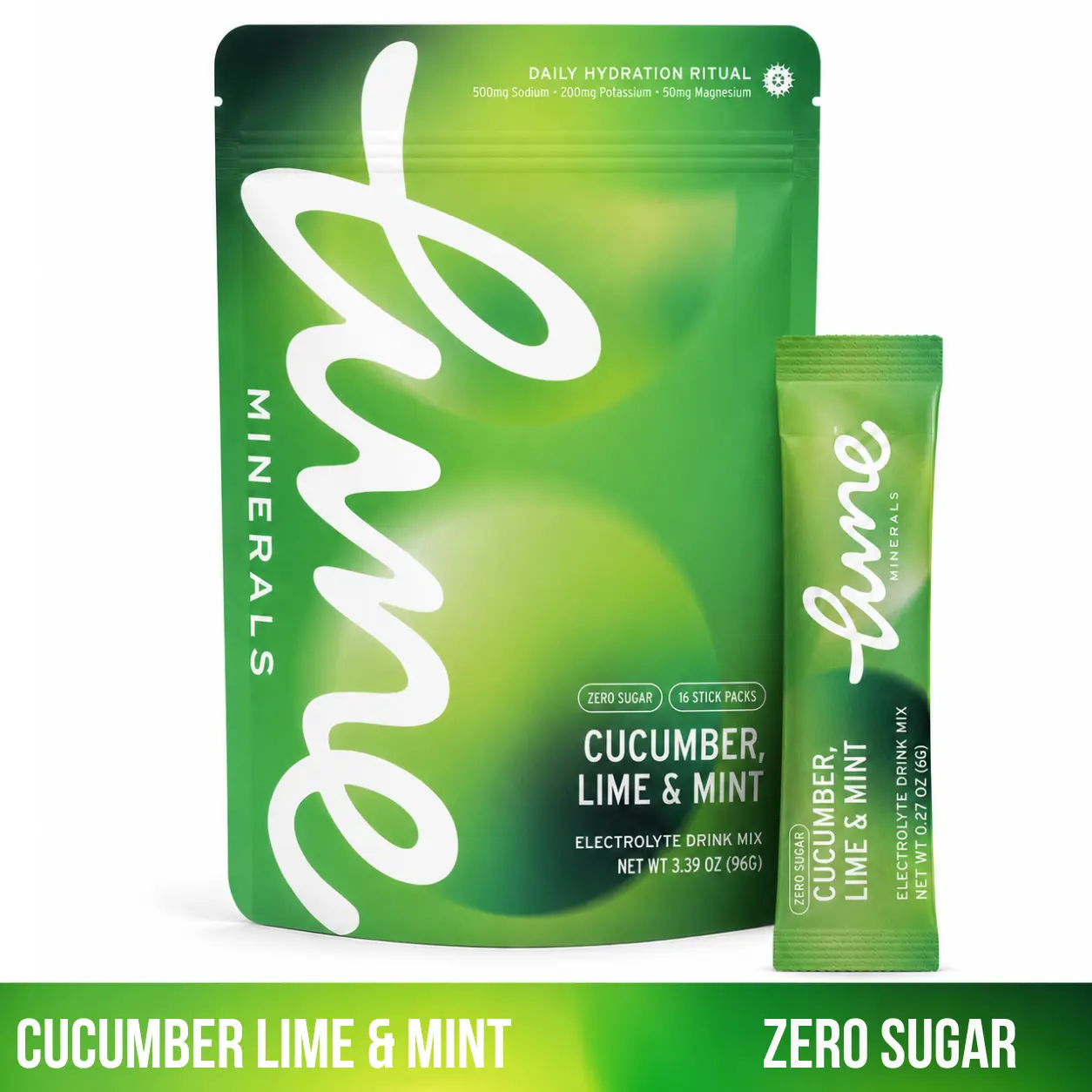 Lune Minerals Cucumber Lime Mint Electrolyte Hydration Powder Mix - 0 Sugar, No Stevia, 16 Single-Serve Sticks