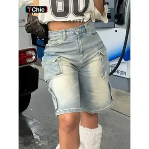 Vintage Washed High-Waisted Cargo Pocket Button Denim Shorts, Y2K Aesthetic Streetwear Womenswear, Perfect for Summer Beach Days & Mall Runs