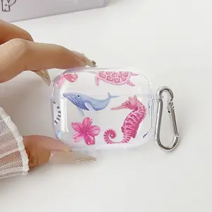 Oceanic Whimsy Charm Pattern Protective Case for AirPods 4/3/2/1/Pro/Pro2 Soft TPU Earphone Cover, Transparent with Keychain