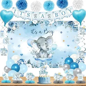 Elephant Baby Shower Decorations for Boy, Blue Baby boy Shower Decorations Kit with It's a Boy Backdrop Banner, Cake Toppers, Hanging Swirls, Centerpieces, Balloons and Pompoms Birthday Elephant Decor