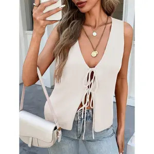 Womens Sweater Vests Tie Front Knit Vest Summer Ribbed Tank Tops Y2k Cute Vests Fashion Casual Sleeveless Tops