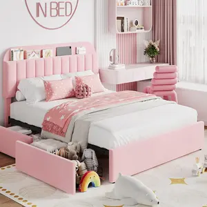 Queen Size Bed Frame with 2 Flexible Drawers, Boucle Upholstered Platform Bed Frame with Bookcase Headboard,Bedframe for Kids/Girls,Easy Assembly,No Box Spring Needed,Noise Free,Pink