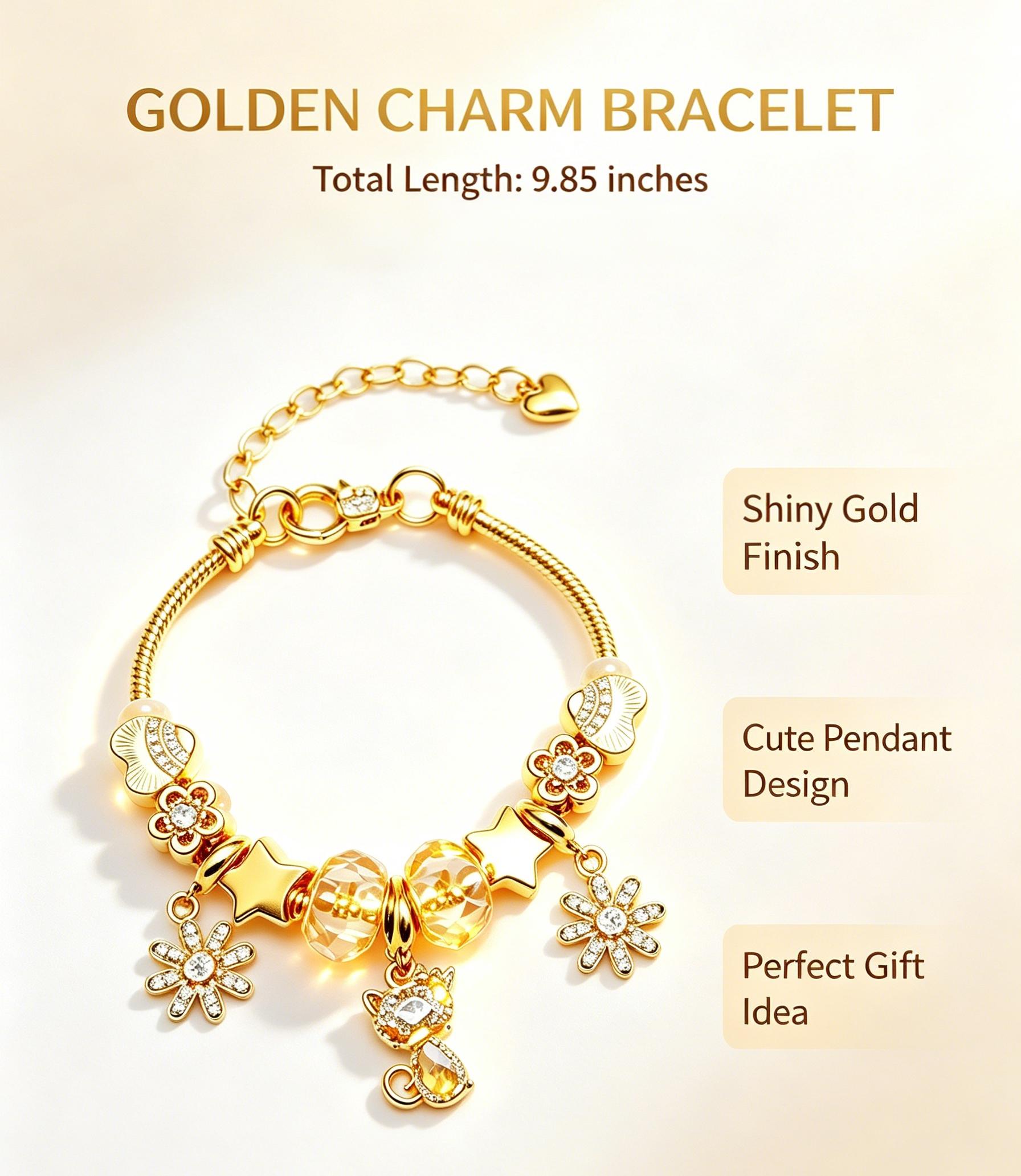 Golden Tone Cat Charm Bracelet, Adjustable Snake Chain Bracelet with Crystal Flower Star Beads, Fashion Jewelry Gift for Women Girls