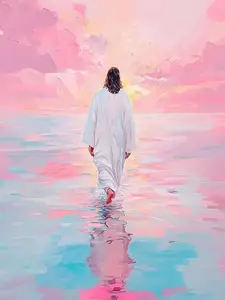 5D Full Drill Diamond Painting Kit Pink Sunset Walking On Water Christian Jesus Spiritual Art, DIY Home Wall Decor Craft