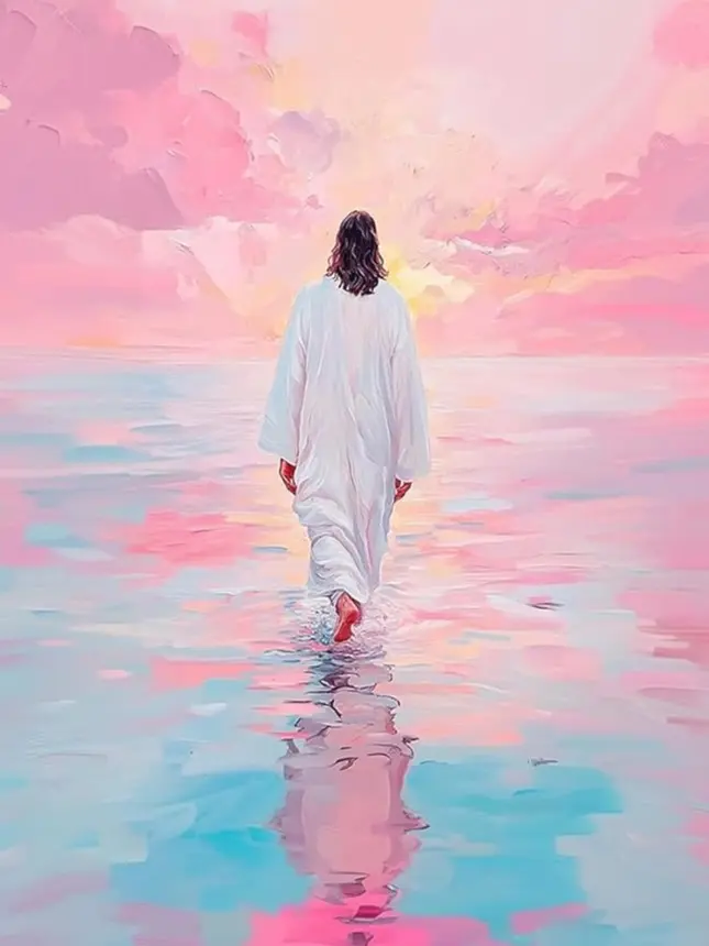 5D Full Drill Diamond Painting Kit Pink Sunset Walking On Water Christian Jesus Spiritual Art, DIY Home Wall Decor Craft