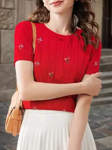 Women's Solid Color Floral Embroidery Hollow Out Design Round Neck Sweater, Elegant Fashion Casual Crew Neck Short Sleeve Knit Top for Daily Holiday Vacation Wear, Women Knitwear for Summer