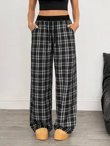 Women's Plaid Patchwork Comfortable Loose Fit Straight Leg Pants, Casual Daily Wear, Graduation Back-To-School, All Seasons