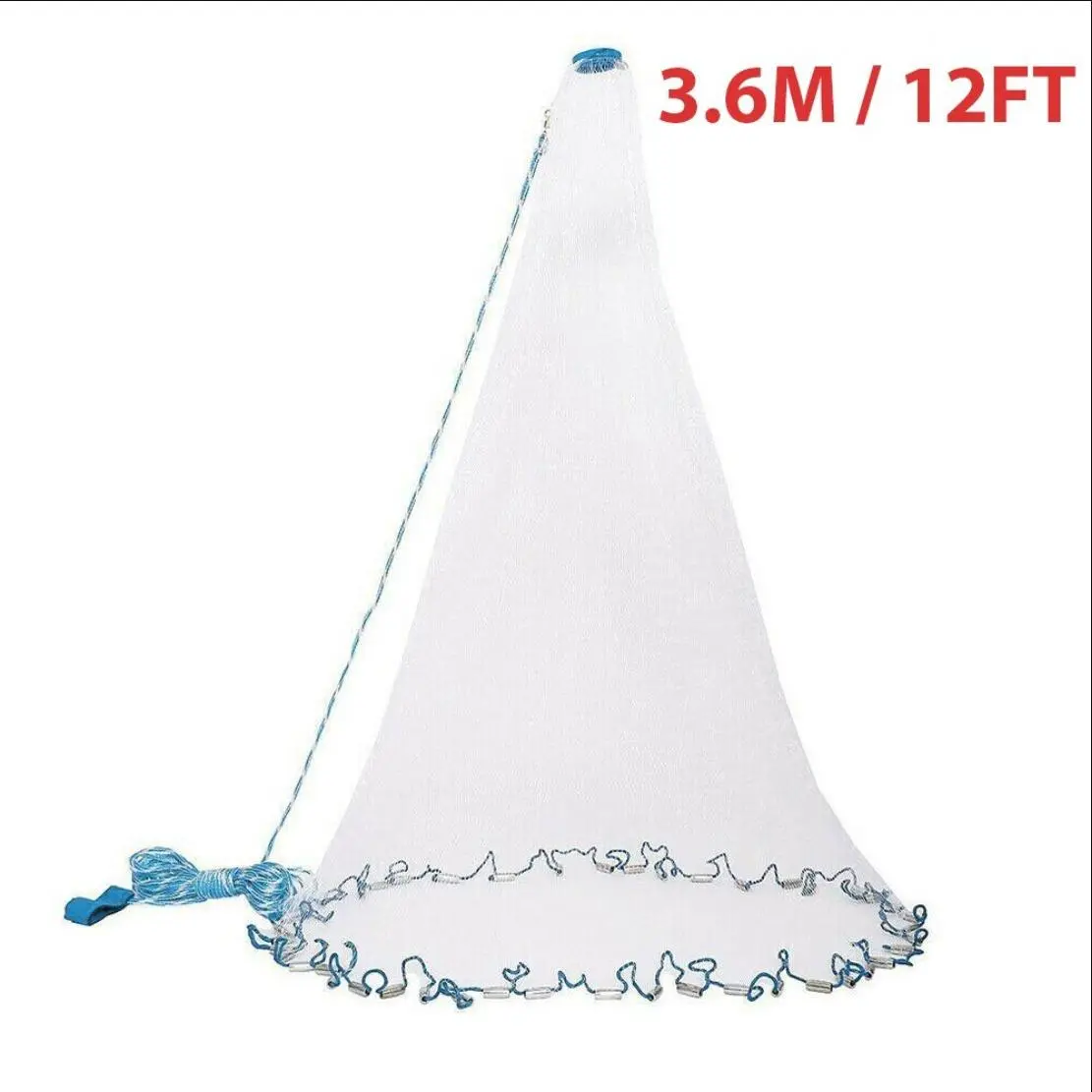 12FT Easy Throw Cast Net, Heavy Duty Strong Nylon Mesh Bait Fishing Trap