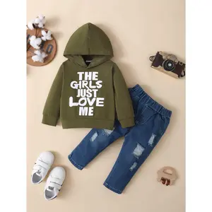 Baby Boys Fall Winter Pants Sets Letter Graphics Print Long Sleeve Hoodies Tops Ripped Demin Trousers 2Pcs Clothing 12M-4Y Army Green P2022020249