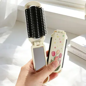 Foldable Hair Brush with Small Mirror, Tulip Print Design, Portable Pocket Comb, Travel Comb for Women, Unisex Gift