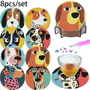 8 Piece Cute Puppy Theme Diamond Puzzle Coasters, DIY 5D Dog Lover Diamond Art Coasters with Stand, Unique Handmade Gift for Friends and Family