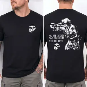 U.S. Marine Corps Sniper T-Shirt, Bold Soldier with Rifle Graphic and Kill the Devil Quote 2 Sides, Soft Cotton Blend Tactical Military Pride Shirt for Men & Women, Streetwear, Vacation Outfits, 2000s Outfits