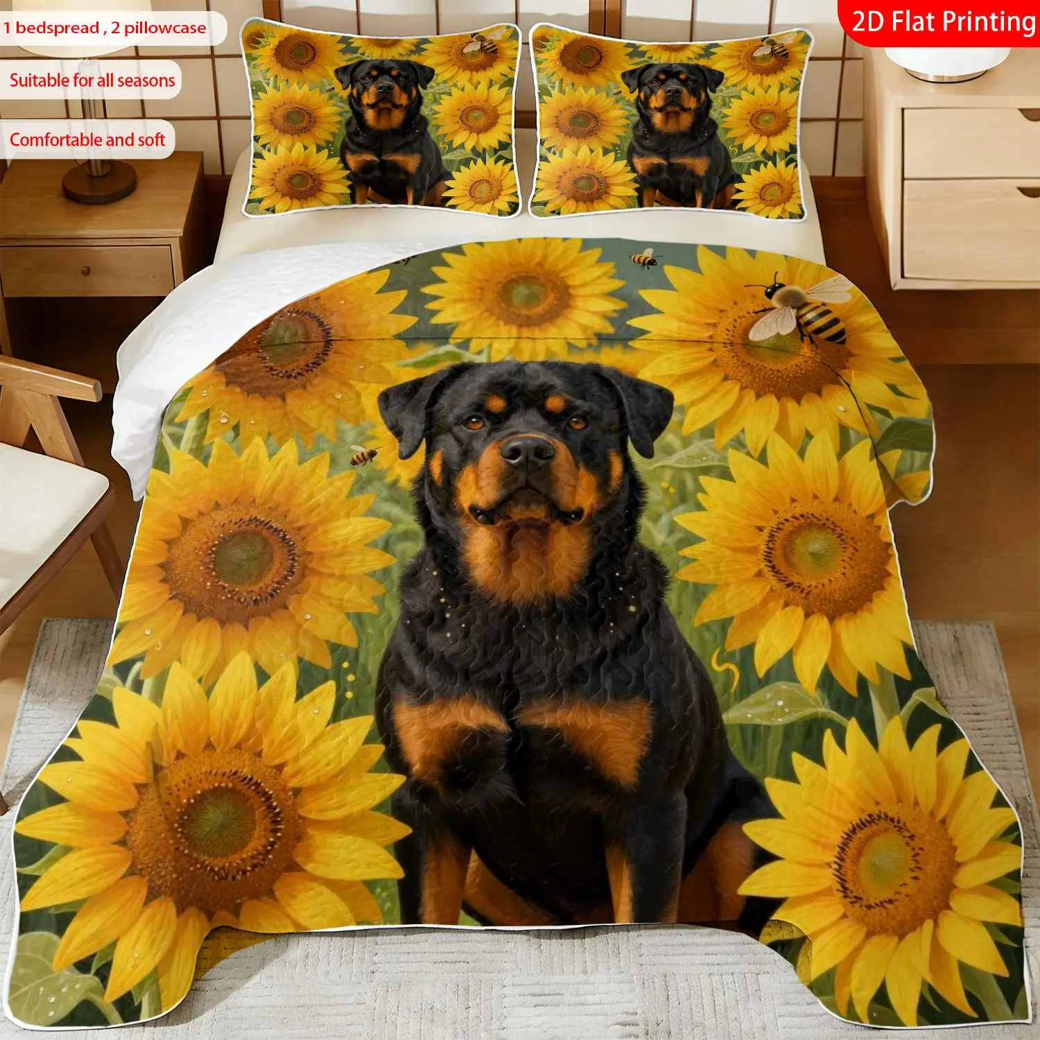 3 pcs, 2D Flat Print Rottweiler Sunflower Bee Bedspread Set, Soft and Comfortable, Multiple Sizes Available, Suitable for Gifting and Daily Use, Ideal for Creating a Cozy Home Atmosphere(1 bedspread , 2 pillowcases)