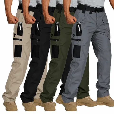 HOMUG Men's 4-Pack Mid Waist Fitted Cut Cargo Pants - Durable Recycled Poly Ripstop Fabric, Water Resistant, Breathable, 9 Multi Pockets, Machine Washable, All-Purpose Casual Outdoor Trousers for Construction Work, Hiking (Size Up for Looser Fit)