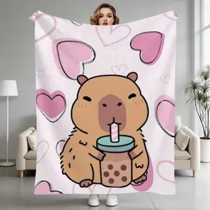 Pink Capybara Flannel Blanket, Ultra Soft Cozy Warm Throw Blanket, Kawaii Animal Print for Bedroom Couch Sofa, Travel Camping Decor, Perfect Gift
