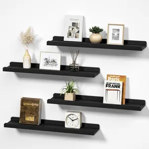 Love-Kankei Black Long Floating Shelves for Wall 24 Inch Set of 4 Rustic Wall Shelves with Lip Wood Hanging Shelves for Bedroom Bathroom Living Room Kitchen Nursery Display KANKEI