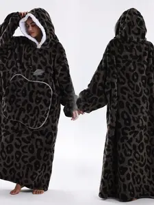 Coffee Color Luxurious Leopard Print Hooded Bathrobe, Elegant Waist Belt, Large Pockets, Unisex, Soft and Comfortable