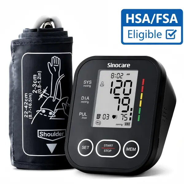 Sinocare Upper Arm Digital Blood Pressure Health Monitor, 8.6"-16.5" Adjustable Cuff, Dual User Mode with 99 Memories, 3-Color Backlit Digital Screen, Irregular Heartbeat Alert, Fast Reading, HSA/FSA Eligible Home Bp Machine, Healthcare, Heart Rate Alert