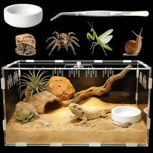 Reptile Terrarium, Tarantula Enclosure with Magnetic Door, Easy-Clean Reptile Tank for Spider Insect Gecko Mantis Frog Snail Isopods, Tweezer and Bowl Included