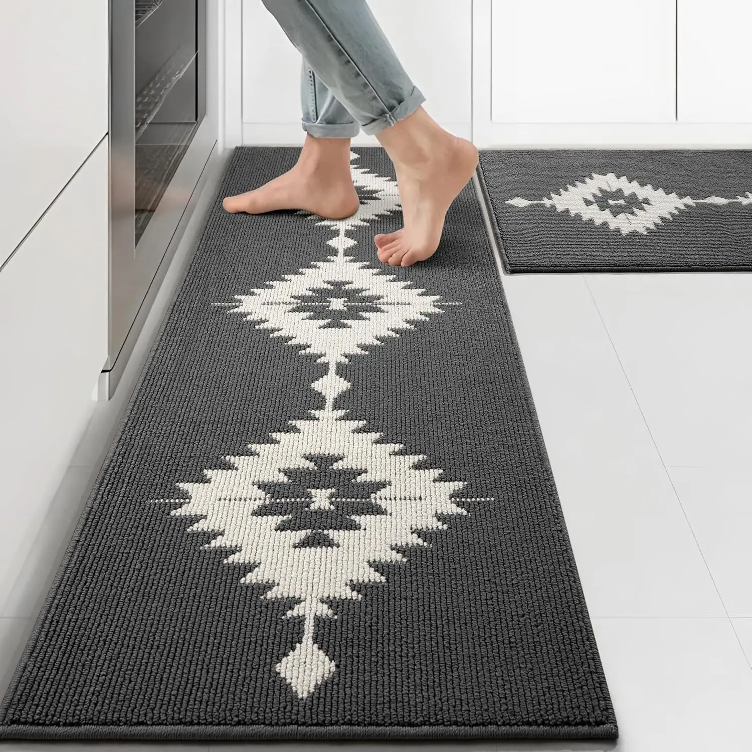 Farmhouse Kitchen Rugs Sets of 2, Grey Kitchen Mat Set for Floor Non-Slip Washable, Absorbent Resist Dirt Polypropylene Large Long Runner Rug, Western Boho Rug for Sink, 24x35+24x59