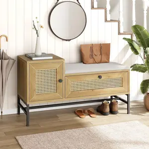 Garvee Natural Oak Wood Storage Bench with Linen Seat Cushion, Rattan Weave Design, Entryway and Bedroom Storage Closet, Versatile Hallway and Bedroom Furniture