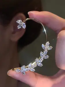 Elegant Rhinestone Flower Leaf Ear Cuff Clip, No Piercing Needed, Sparkling Synthetic Zircon Jewelry for Women