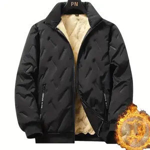 Men's Black Winter Jacket - Casual Stand Collar, Warm Fleece-Lined, Loose Fit with Zippered Pockets for Outdoor & Casual Attire, Winter Clothes，Men clothing,Fall outfit,Men's Autumn and Winter Warm Fleece Cold-Resistant Top - Thickened Padded,Solid Color