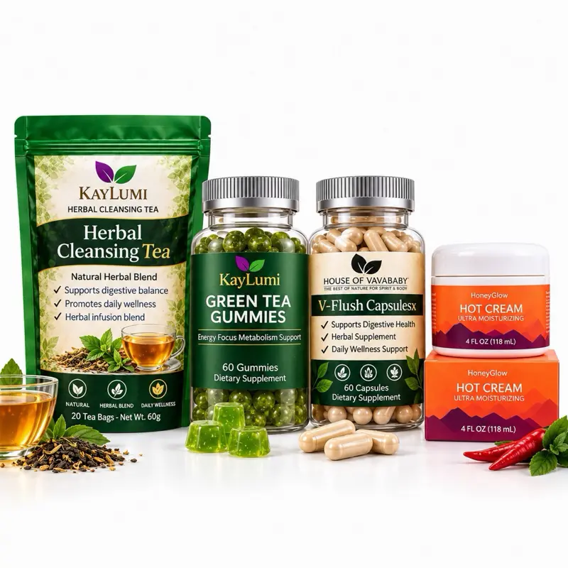 Kaylumi 4-Piece Daily Balance Wellness Bundles - Herbal Cleansing Tea, Sugar-Free Wellness Gummies, Gluten-Free Daily Support Capsules, Natural Ingredients Hot Belly Cream (Vant Plat, Multiple Items Set)