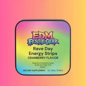 EDM Festie Gear Rave Day Energy Strips Cranberry Flavor - Long-Lasting Energy Boost with Vitamin B12 & Fast Absorption for EDM Rave Festival Vibes