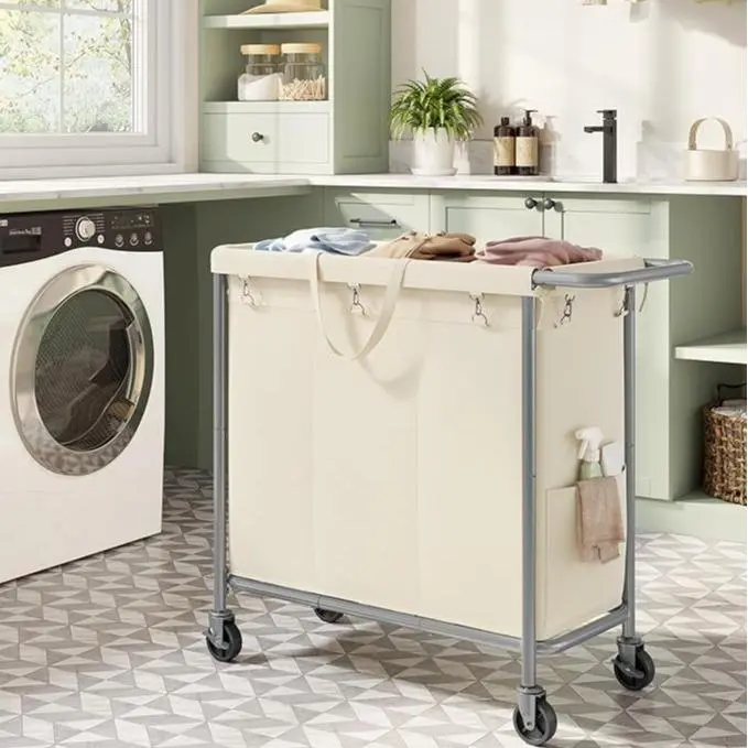 SONGMICS HOME Laundry Basket with Wheels, Rectangular Rolling Laundry Hamper, Removable Liner, Steel Frame , Blanket Storage, Organiser