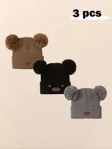 3pcs Baby Girl Newborn Toddler Pom-Pom Bear Beanie Hat, Cozy Knit Winter Warm Heart Cute Hat, Casual Fall & Winter Outdoor Accessories Bonnet Hats Cap