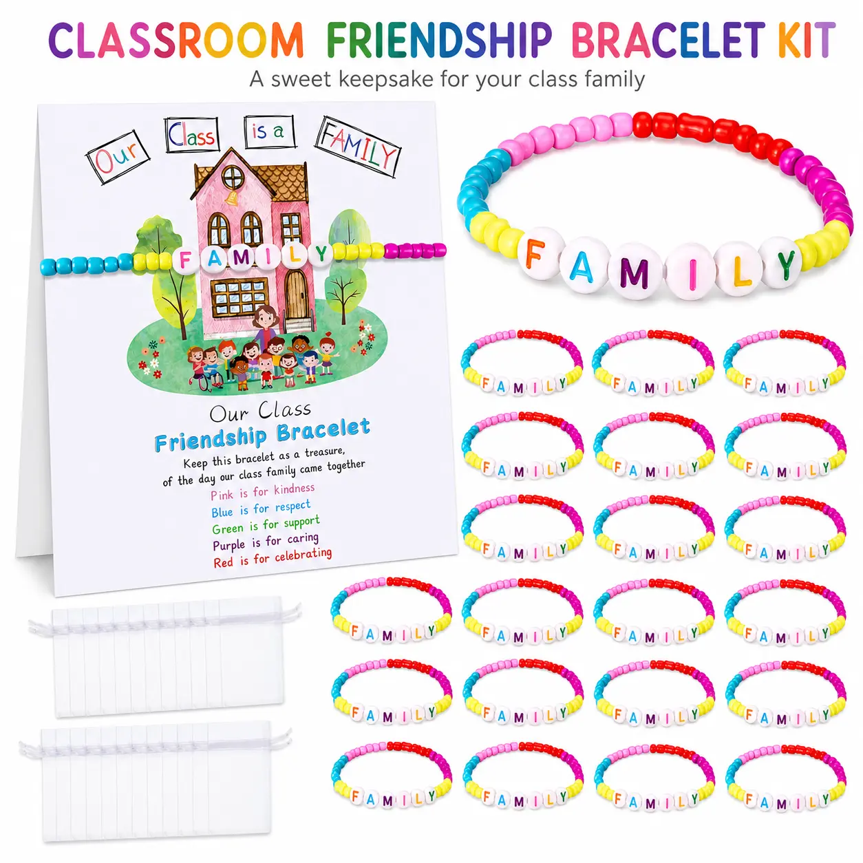 Back to School Friendship Bracelets Set Classroom Gifts for Student Include Our Class Is a Family Greeting Card and Welcome First Day of School Friendship Bracelet with Bags Gift for Kindergarten Elementary Classroom Reward Party Goodie Bag Stuffers