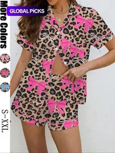 Women's Leopard & Bowknot Cute Pajama Set, Casual All-Over Print Knitted Shirt & Shorts, Soft Comfortable Home Wear, Perfect for Holidays & Parties, Loungewear