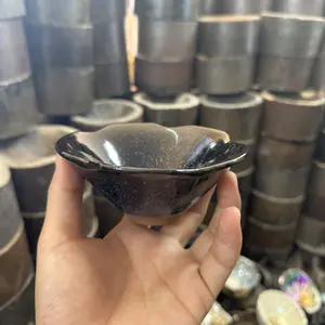 Unique Black Ceramic Bowl with Golden Speckled Glaze and Artistic Leaf-Like Shape-317