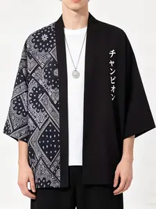 Men's Harajuku Japanese Patchwork Paisley Print Kimono Open Front Traditional Three-Quarter Sleeve Yukata Summer Role Play Costume