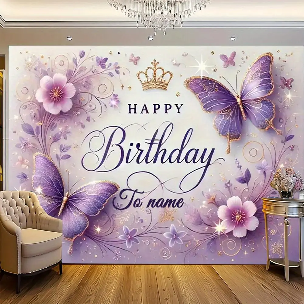 1pc Customizable 2D Flat Birthday Banner Backdrop - Personalized Name, Flower-Butterfly-Stars Design, Purple-Pink-Golden Colors, High-Quality Polyester Fabric, No Electricity Needed, for Birthday Decorations