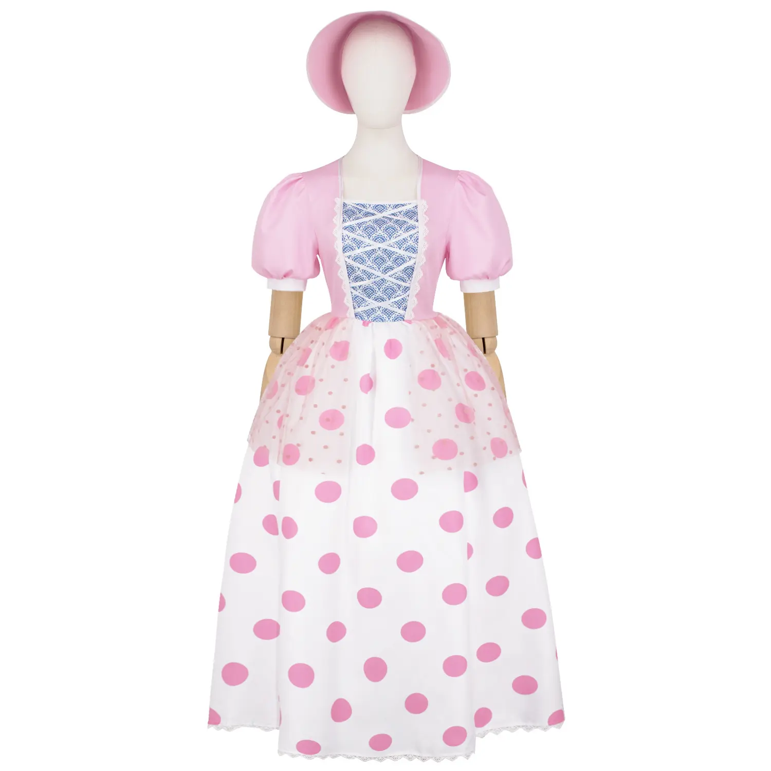 Women‘s Bo Peep Costume Pink Polka Dot Dress with Bonnet Hat for Halloween