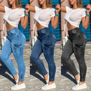 Sexy zippered women’s pants with pockets, bleached and distressed, fashionable women’s denim workwear pencil pants — Women’s Jean Wear