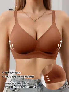 Jelly Bra Sexy V-Neck Gathered Wireless No Underwire Half Fixed Cup Pad Soft Comfort Women Daily Bra, Adjustable Strap, Medium Support, All Seasons