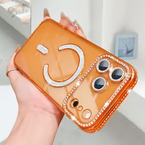 OREKROY【Free.ship】Clear Glitter Diamond Magnetic Case for iPhone 17 Pro Max 17Air 17Pro 17 16 15 14 13– MagSafe Compatible, with Camera Lens Protector, Cute Luxury Plating Sparkly Rhinestone Slim TPU Bumper Phone Case for Women & Girls