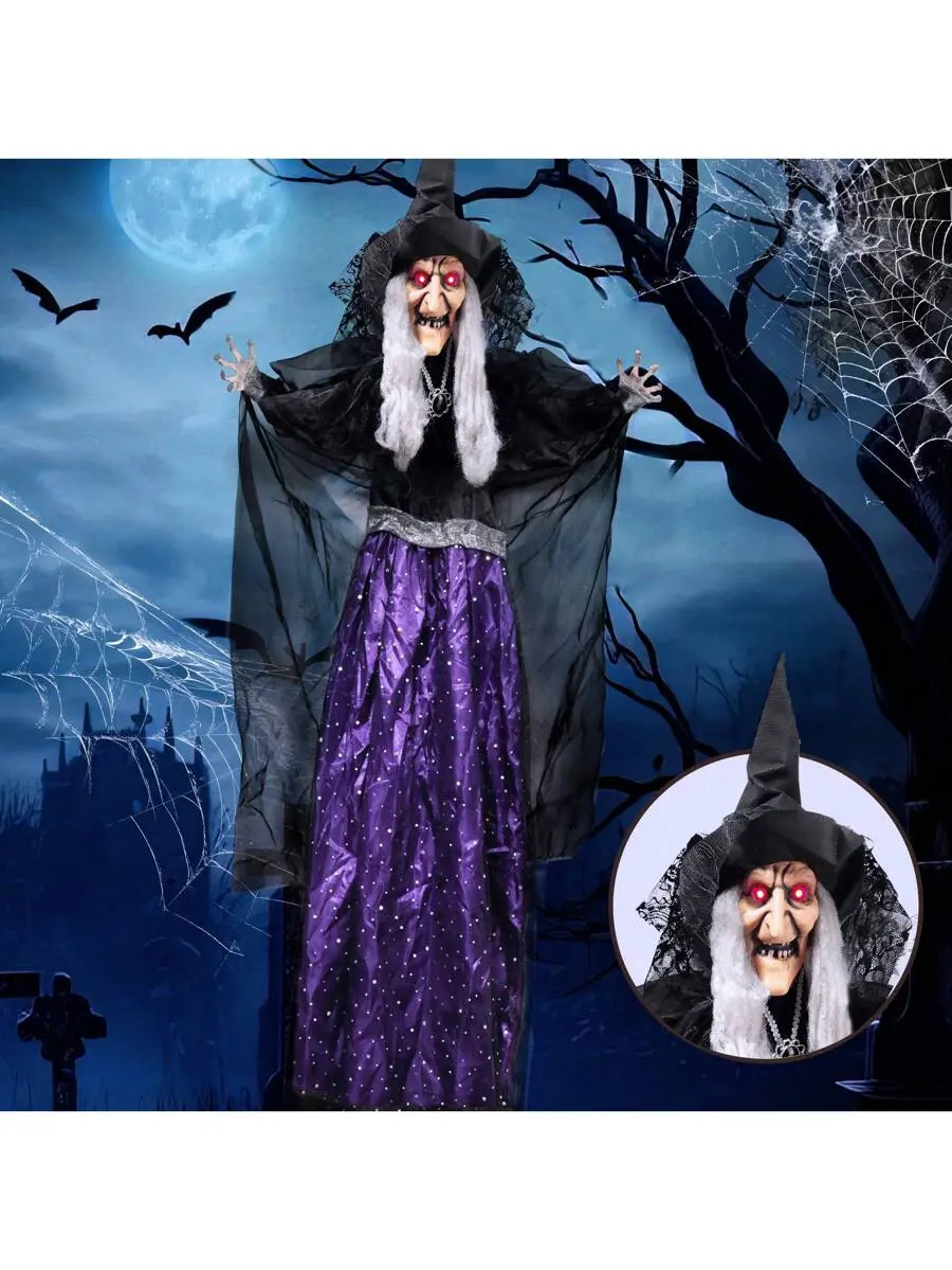 47'' Animated Witch Halloween Decorations Outdoor Indoor, Scary Halloween Animatronics Decor, Hanging Ghost Talking Sound Activated Led Lights Eyes Haunted House Yard Garden Lawn