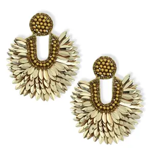 Gold Beaded Sequin Statement Christmas Earrings Dangle Jewelry