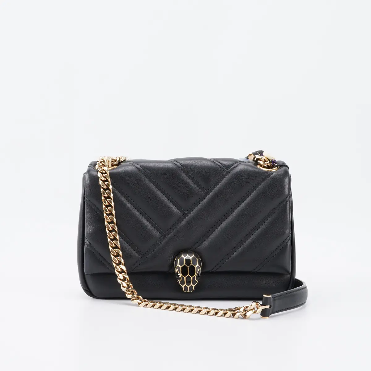 Pre-owned Bvlgari Lambskin Crossbody Bags Black Quilted Leather Small Serpenti Scabochon Shoulder Bag BGP205617 Maya