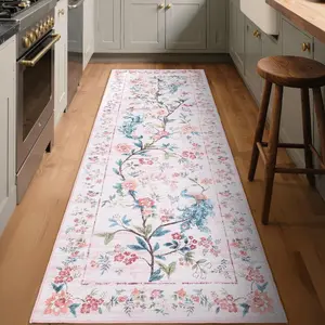 Vintage Floral Peacock Pattern Runner Rug, Soft Washable Design, Boho Runner Rug, Ideal for Entryway, Kitchen, Bedroom, Holiday Decor Carpet