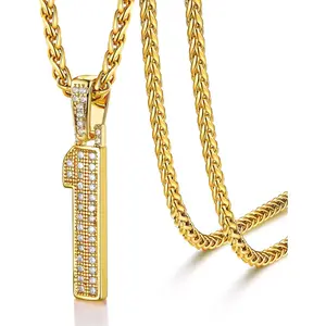 Initial Number Necklace for Men Women, 18K Gold Plated Bling CZ Iced Out Hip Hop Jersey Number Pendant A-Z 26 Letter Necklace, Number 0-9 Pendants with Chain
