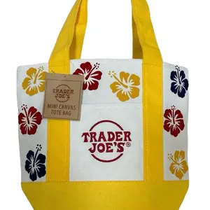 Trader Joe's Mini Canvas Tote Bag with Hand Painted Hibiscus Design Yellow Trim